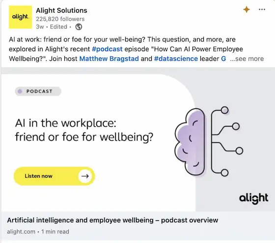 LinkedIn post: AI in the workplace podcast (Alight)