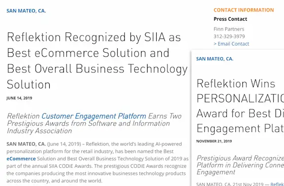 SIIA CODiE Awards press release (Reflektion)